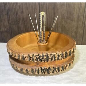 Vintage Nut Bowl Rustic Edge Tree Bark Set Nutcracker & 5 Picks Rustic Retro
